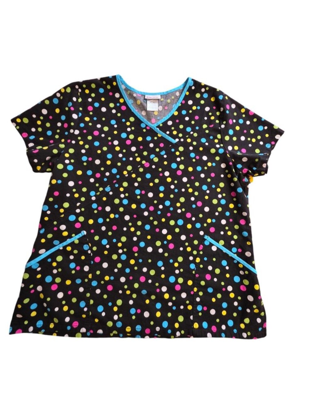 Scrubstar Black Poppin Candy Polka Dot Scrub Top Women's XL Mock Wrap CNDT GUC